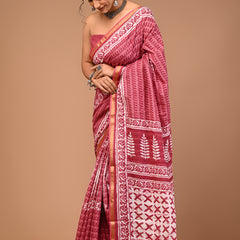 Lovwear Pink Putai Print Cotton MulMul Saree with Zari Border - Pleats & Full Length View