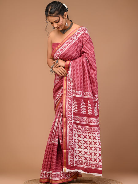 Lovwear Pink Putai Print Cotton MulMul Saree with Zari Border - Pleats & Full Length View