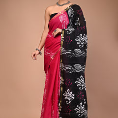 Lovwear Black Shiva Motif Cotton MulMul Saree with Zari Border - Front View