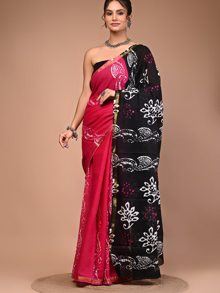 Lovwear Black Shiva Motif Cotton MulMul Saree with Zari Border - Front View
