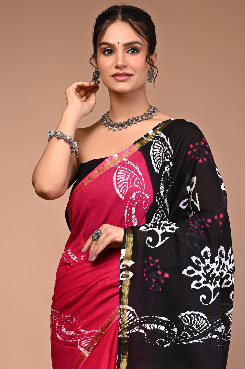 Lovwear Black Shiva Motif Cotton MulMul Saree with Zari Border - Pallu & Border Detail View