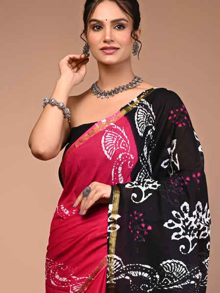 Lovwear Black Shiva Motif Cotton MulMul Saree with Zari Border - Pallu & Border Detail View