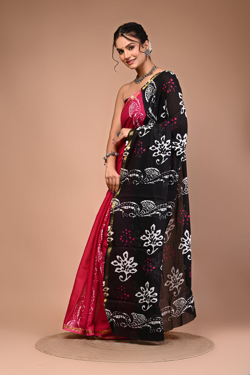 Lovwear Black Shiva Motif Cotton MulMul Saree with Zari Border - Fabric Texture View