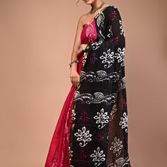 Lovwear Black Shiva Motif Cotton MulMul Saree with Zari Border - Fabric Texture View