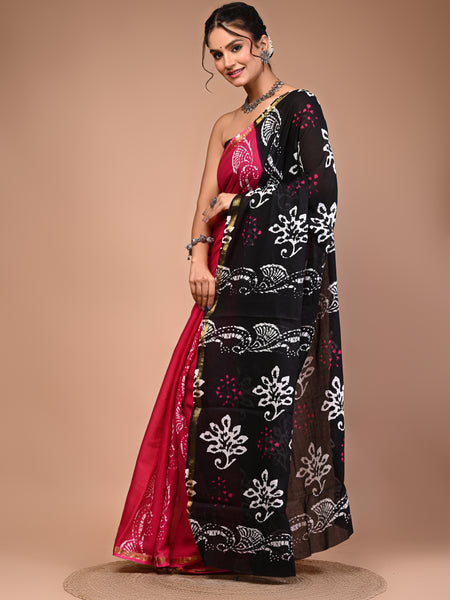 Lovwear Black Shiva Motif Cotton MulMul Saree with Zari Border - Fabric Texture View