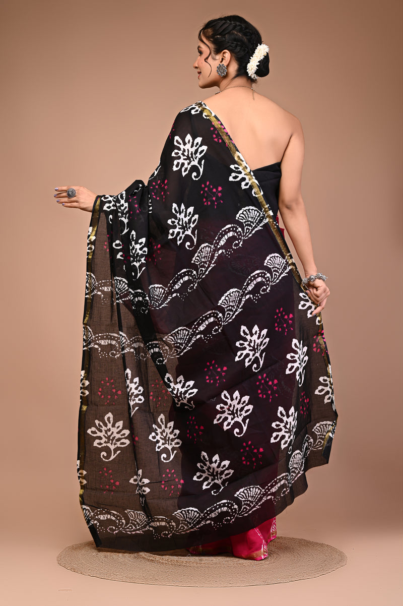 Lovwear Black Shiva Motif Cotton MulMul Saree with Zari Border - Pleats & Full Length View