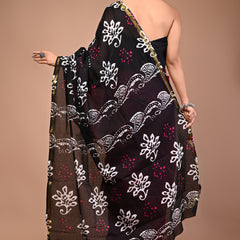 Lovwear Black Shiva Motif Cotton MulMul Saree with Zari Border - Pleats & Full Length View