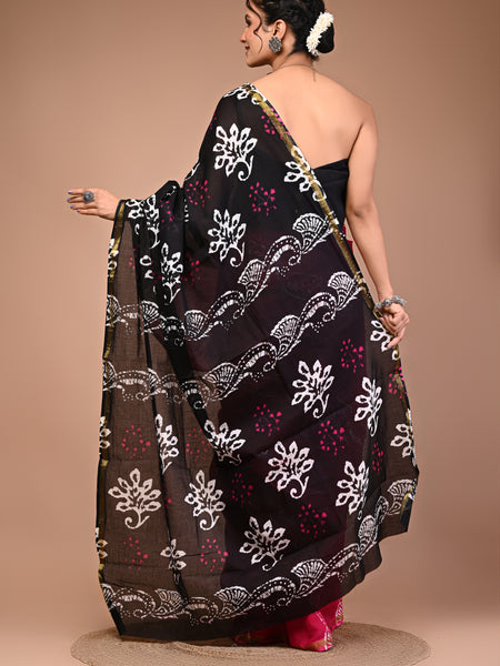 Lovwear Black Shiva Motif Cotton MulMul Saree with Zari Border - Pleats & Full Length View