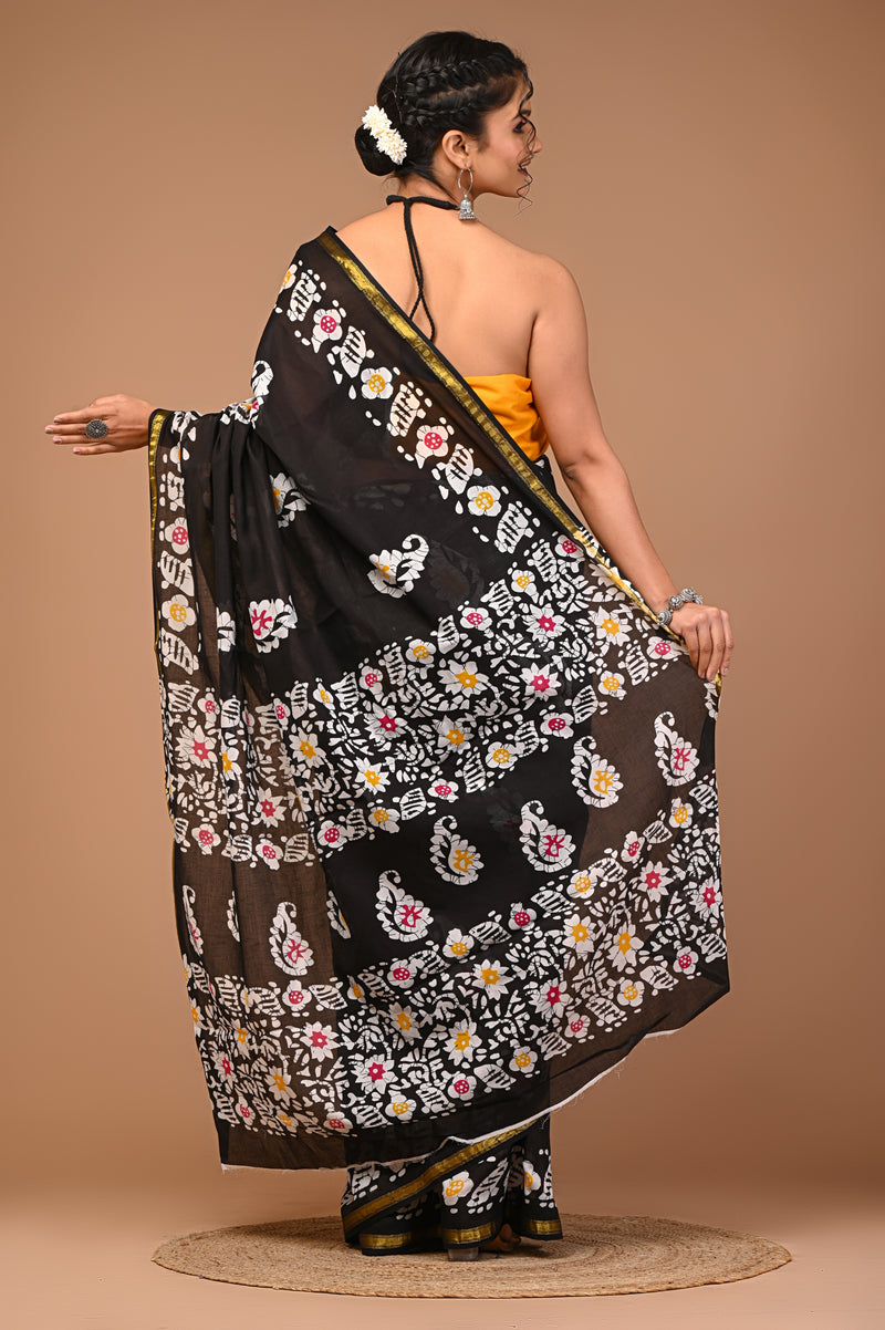 Lovwear Black Multi Batik Cotton MulMul Saree with Zari Border - Front View