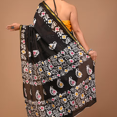 Lovwear Black Multi Batik Cotton MulMul Saree with Zari Border - Front View