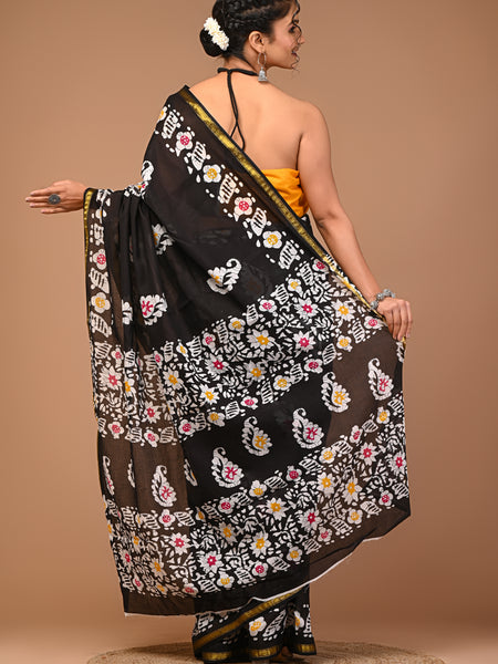 Lovwear Black Multi Batik Cotton MulMul Saree with Zari Border - Front View