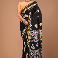 Lovwear Black Multi Batik Cotton MulMul Saree with Zari Border - Pallu & Border Detail View