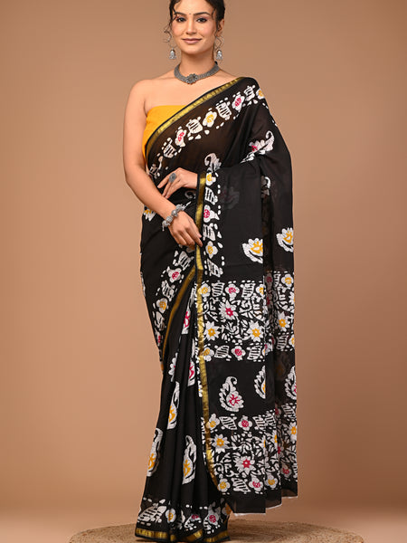 Lovwear Black Multi Batik Cotton MulMul Saree with Zari Border - Pallu & Border Detail View