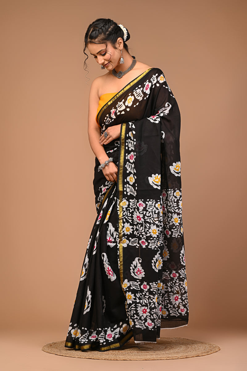 Lovwear Black Multi Batik Cotton MulMul Saree with Zari Border - Pleats & Full Length View