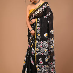 Lovwear Black Multi Batik Cotton MulMul Saree with Zari Border - Pleats & Full Length View