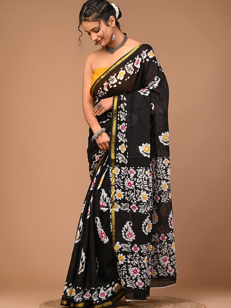 Lovwear Black Multi Batik Cotton MulMul Saree with Zari Border - Pleats & Full Length View