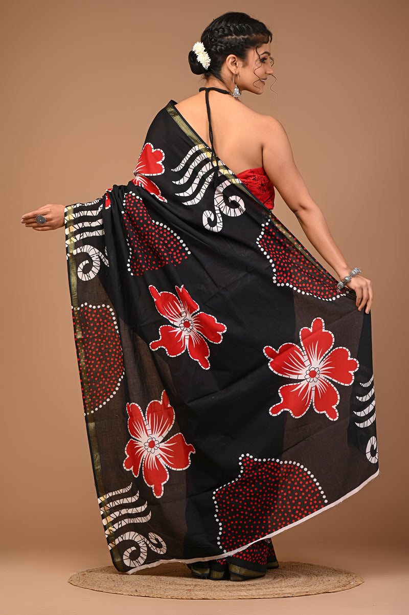 Lovwear Black & Red Half & Half Cotton MulMul Saree with Zari Border - Front View