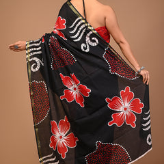 Lovwear Black & Red Half & Half Cotton MulMul Saree with Zari Border - Front View