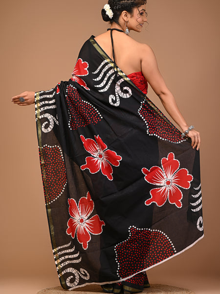 Lovwear Black & Red Half & Half Cotton MulMul Saree with Zari Border - Front View