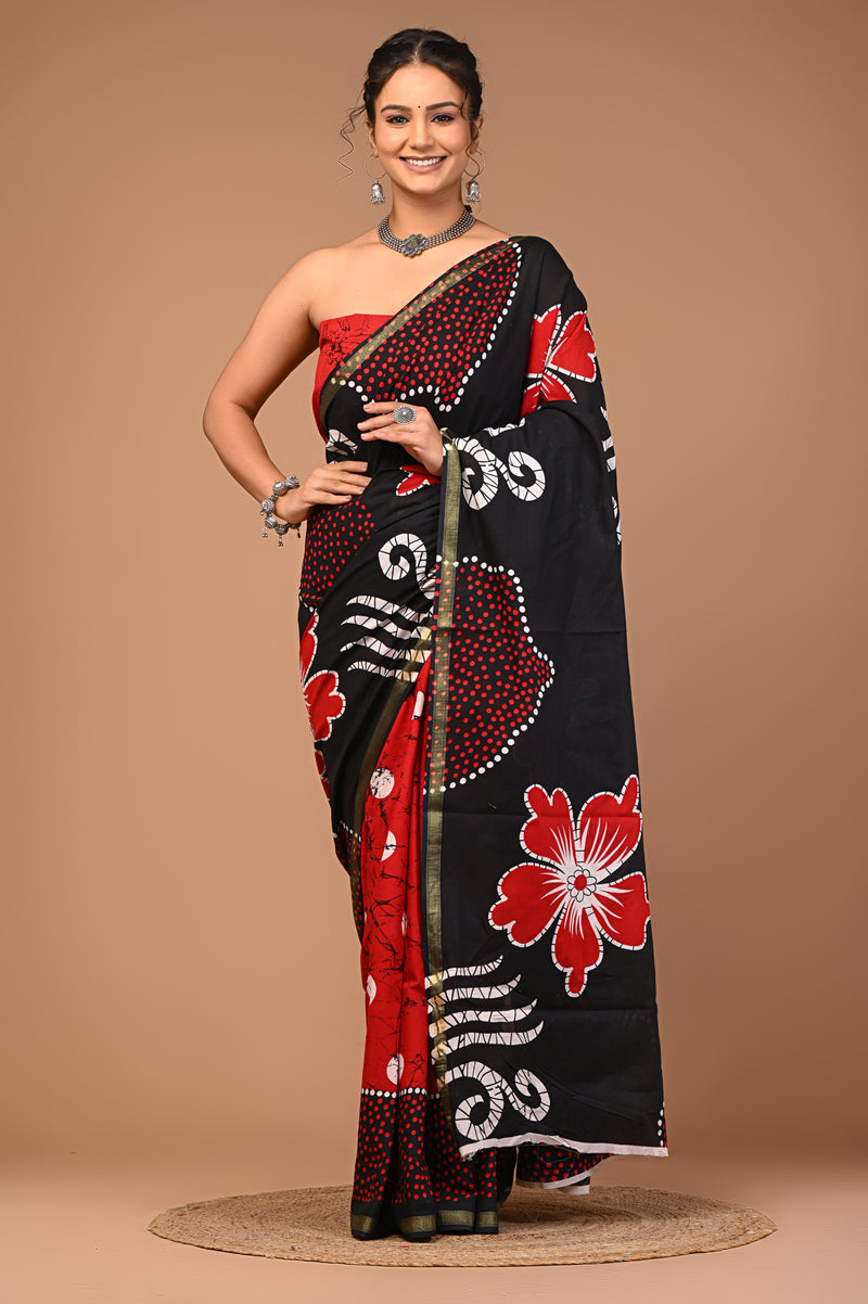 Lovwear Black & Red Half & Half Cotton MulMul Saree with Zari Border - Pallu & Border Detail View