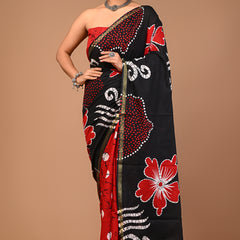 Lovwear Black & Red Half & Half Cotton MulMul Saree with Zari Border - Pallu & Border Detail View