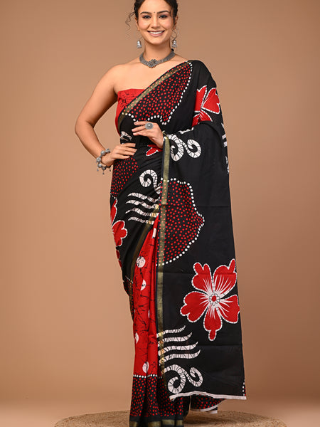 Lovwear Black & Red Half & Half Cotton MulMul Saree with Zari Border - Pallu & Border Detail View