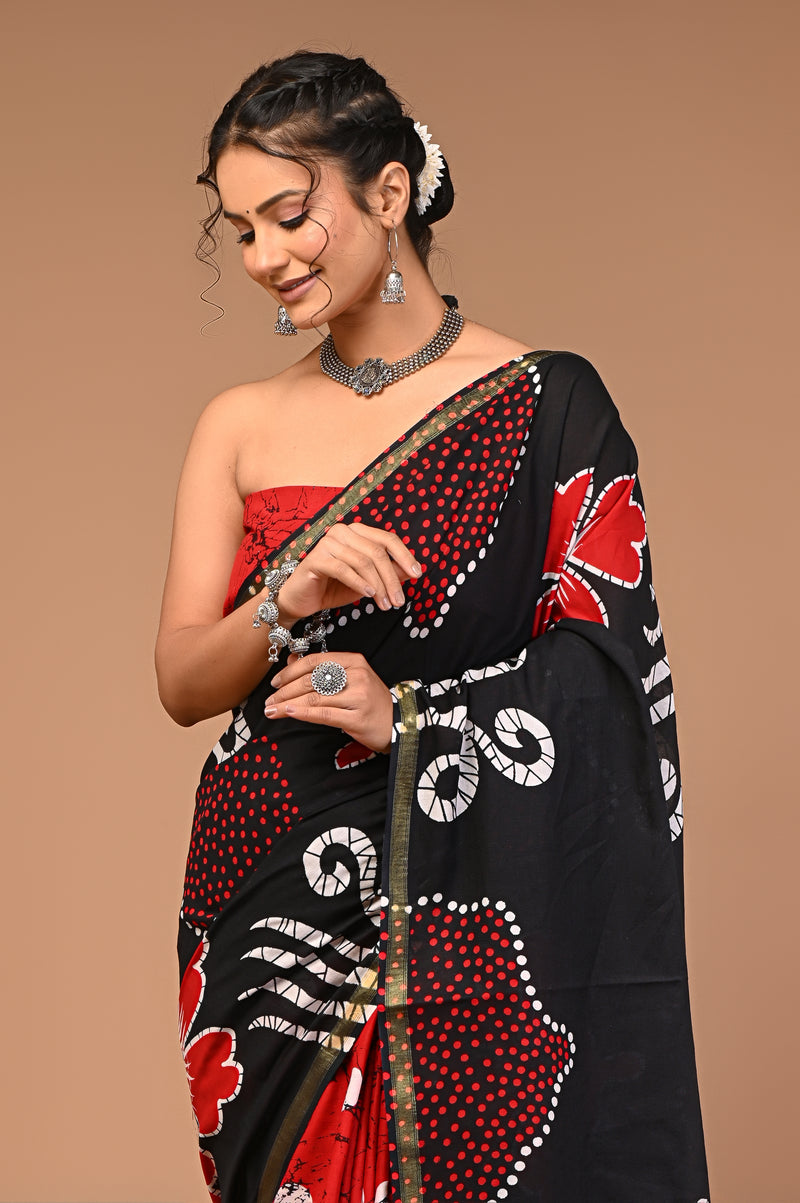 Lovwear Black & Red Half & Half Cotton MulMul Saree with Zari Border - Fabric Texture View
