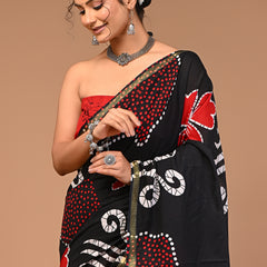 Lovwear Black & Red Half & Half Cotton MulMul Saree with Zari Border - Fabric Texture View