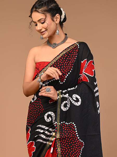 Lovwear Black & Red Half & Half Cotton MulMul Saree with Zari Border - Fabric Texture View