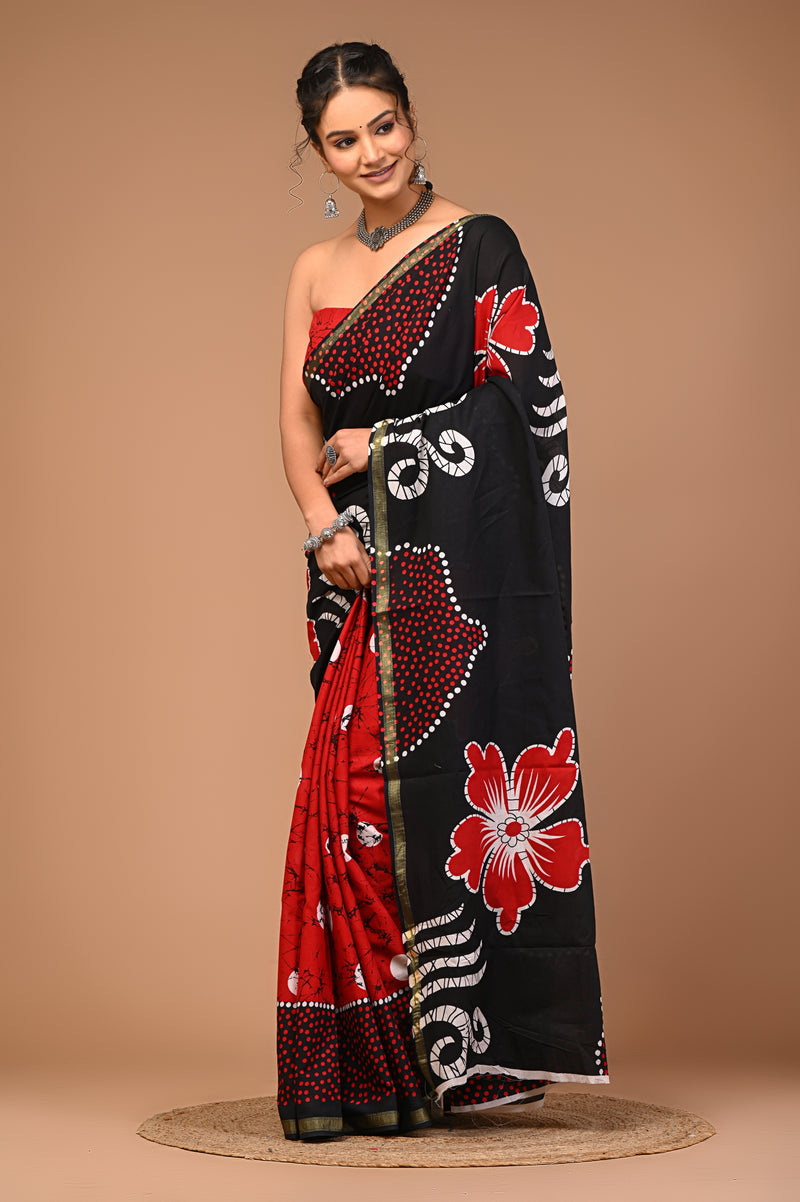 Lovwear Black & Red Half & Half Cotton MulMul Saree with Zari Border - Pleats & Full Length View