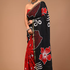 Lovwear Black & Red Half & Half Cotton MulMul Saree with Zari Border - Pleats & Full Length View