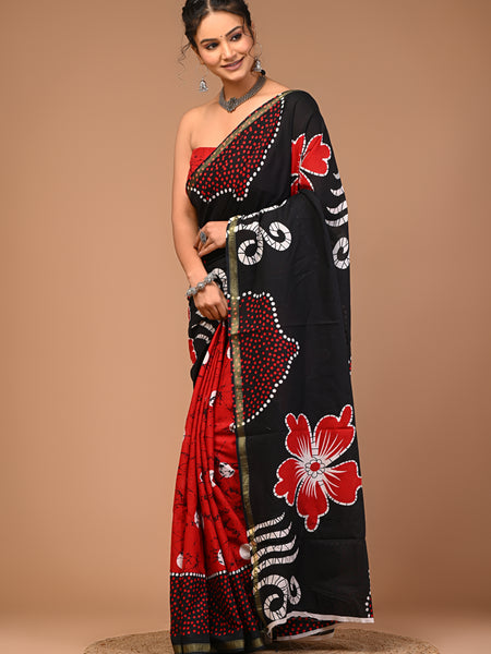 Lovwear Black & Red Half & Half Cotton MulMul Saree with Zari Border - Pleats & Full Length View