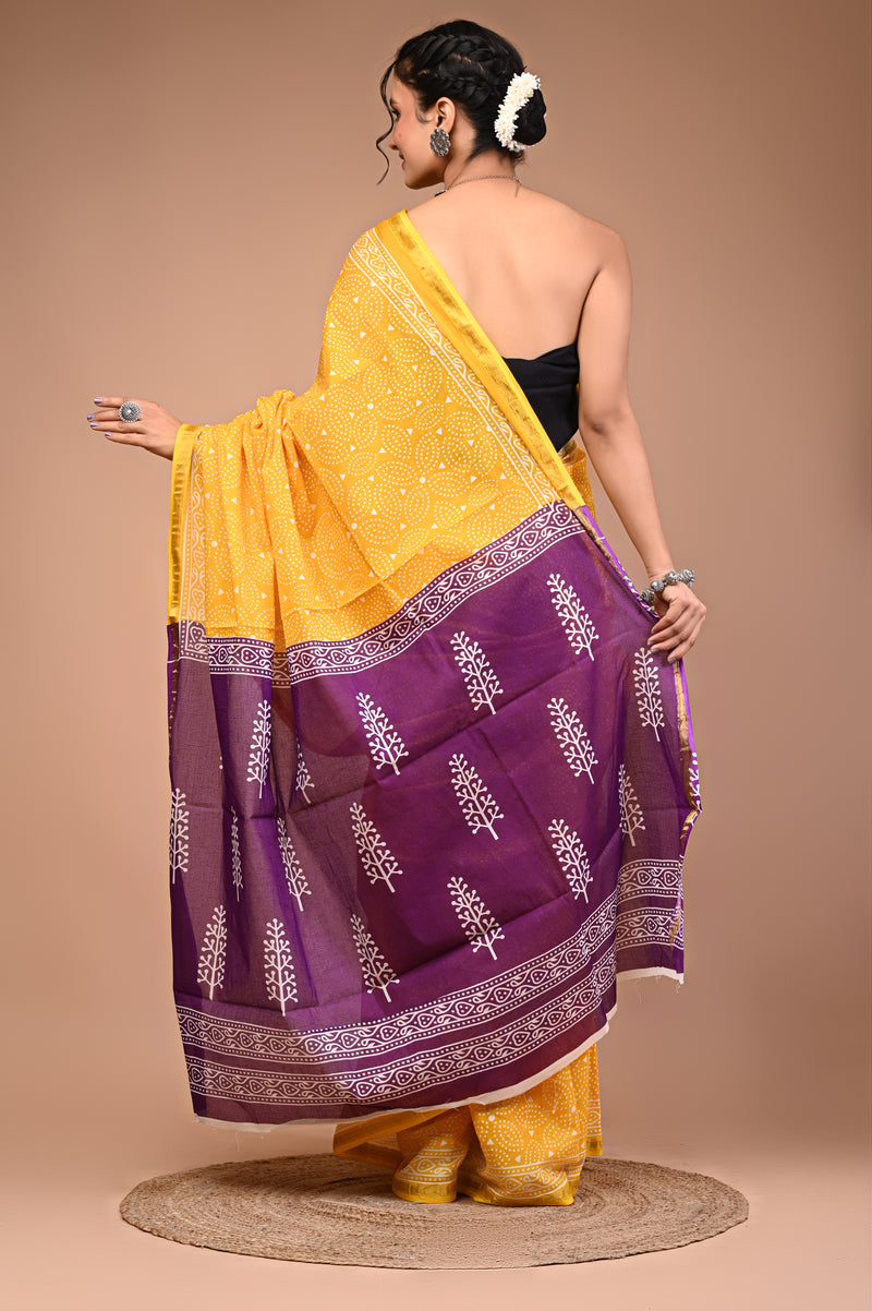 Lovwear Yellow & Purple Contrast Motif Cotton MulMul Saree with Zari Border - Front View