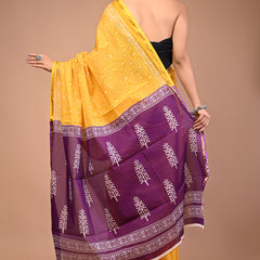 Lovwear Yellow & Purple Contrast Motif Cotton MulMul Saree with Zari Border - Front View