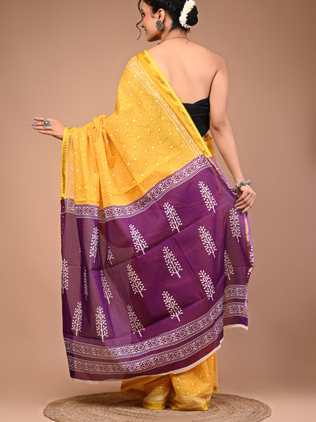 Lovwear Yellow & Purple Contrast Motif Cotton MulMul Saree with Zari Border - Front View