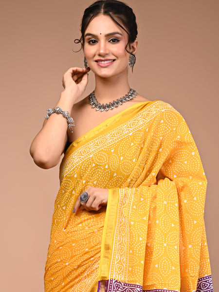 Lovwear Yellow & Purple Contrast Motif Cotton MulMul Saree with Zari Border - Pallu & Border Detail View