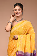 Lovwear Yellow & Purple Contrast Motif Cotton MulMul Saree with Zari Border