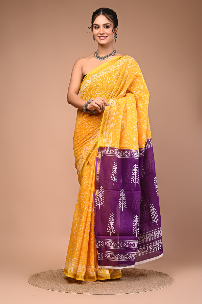 Lovwear Yellow & Purple Contrast Motif Cotton MulMul Saree with Zari Border - Fabric Texture View