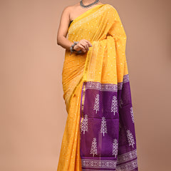 Lovwear Yellow & Purple Contrast Motif Cotton MulMul Saree with Zari Border - Fabric Texture View
