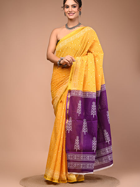 Lovwear Yellow & Purple Contrast Motif Cotton MulMul Saree with Zari Border - Fabric Texture View