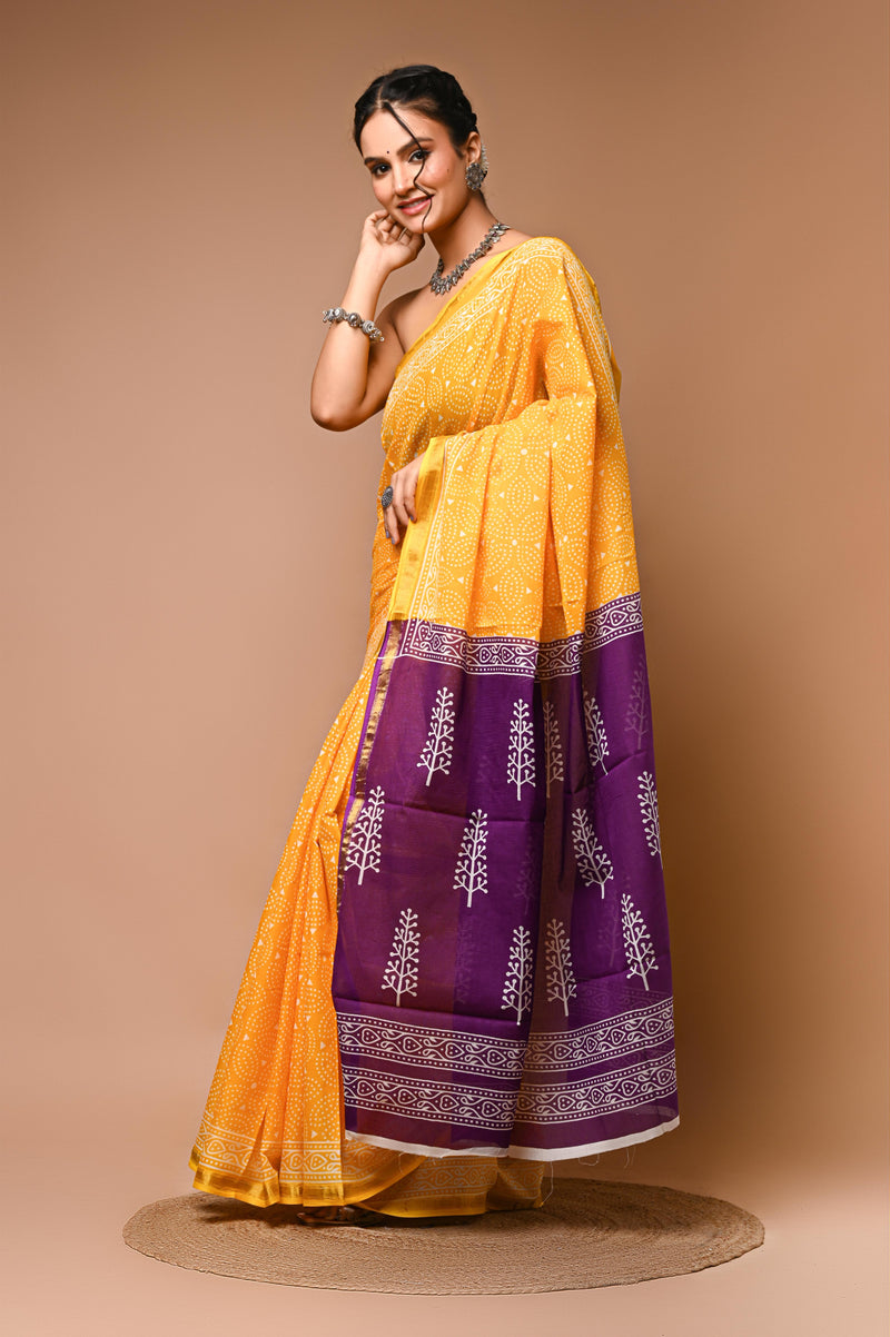 Lovwear Yellow & Purple Contrast Motif Cotton MulMul Saree with Zari Border - Pleats & Full Length View