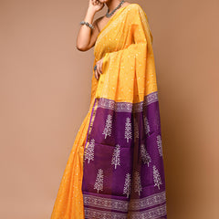 Lovwear Yellow & Purple Contrast Motif Cotton MulMul Saree with Zari Border - Pleats & Full Length View