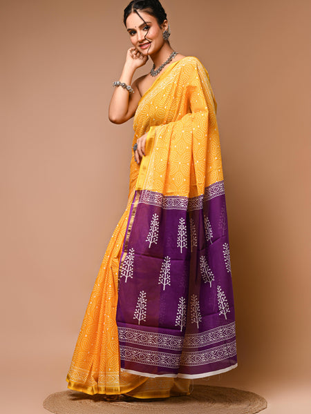 Lovwear Yellow & Purple Contrast Motif Cotton MulMul Saree with Zari Border - Pleats & Full Length View