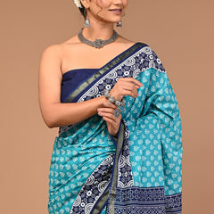 Lovwear Aqua Blue Discharge Floral Cotton MulMul Saree with Zari Border - Front View