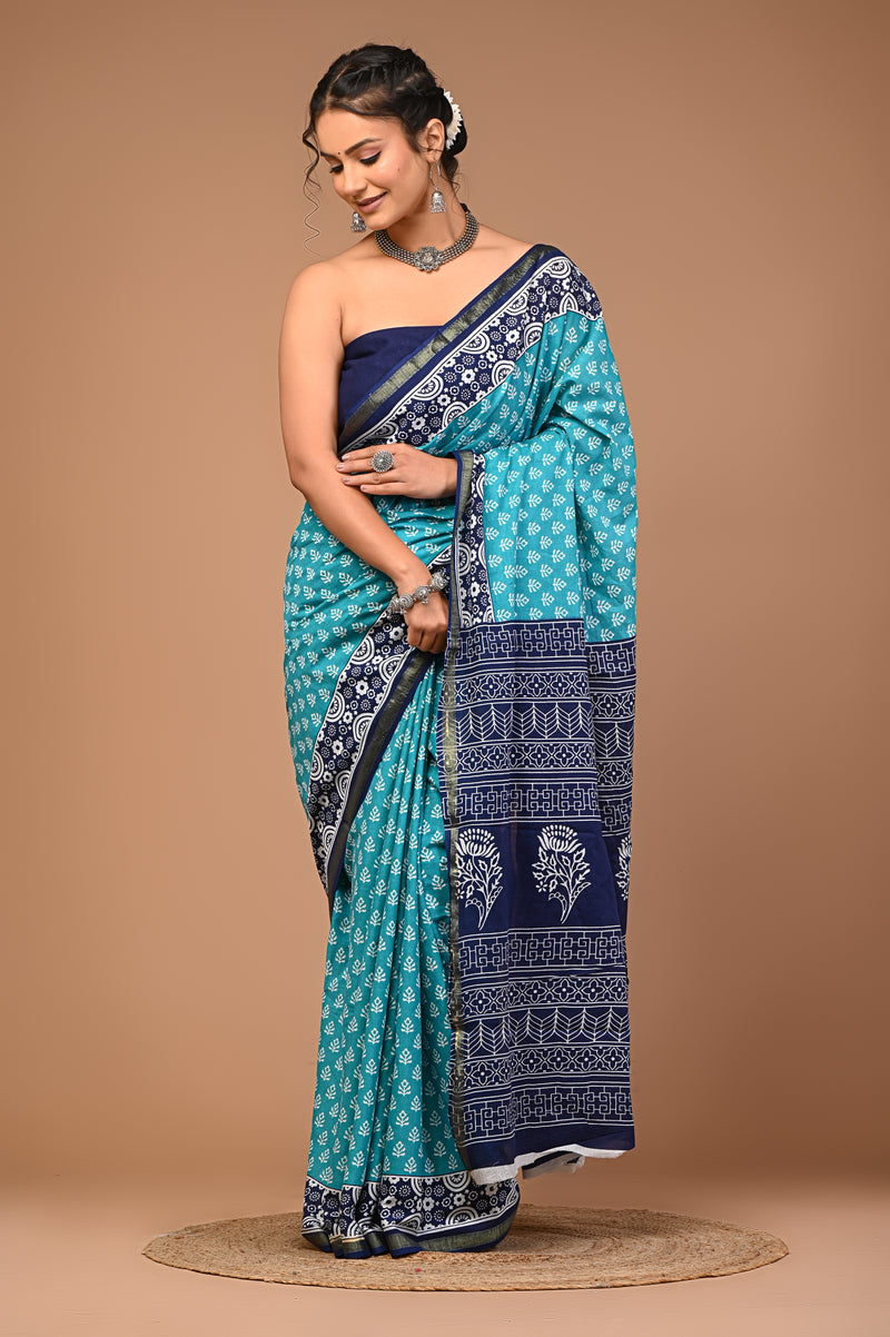 Lovwear Aqua Blue Discharge Floral Cotton MulMul Saree with Zari Border - Pallu & Border Detail View