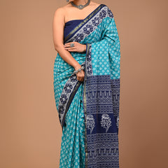Lovwear Aqua Blue Discharge Floral Cotton MulMul Saree with Zari Border - Pallu & Border Detail View