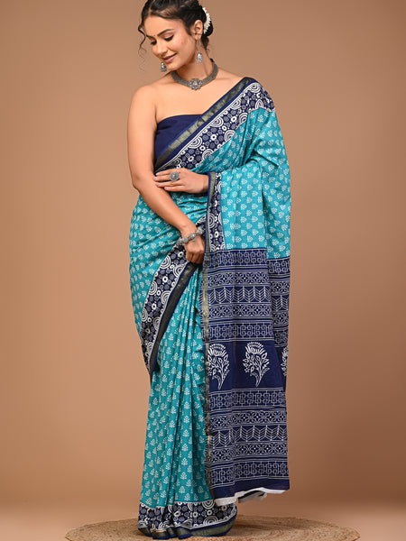 Lovwear Aqua Blue Discharge Floral Cotton MulMul Saree with Zari Border - Pallu & Border Detail View