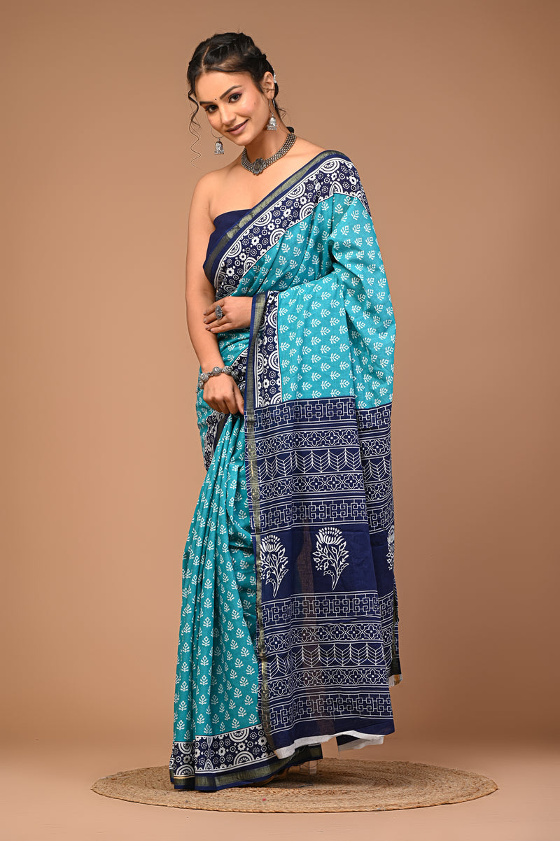 Lovwear Aqua Blue Discharge Floral Cotton MulMul Saree with Zari Border - Fabric Texture View