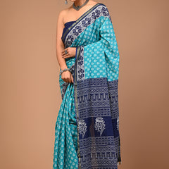 Lovwear Aqua Blue Discharge Floral Cotton MulMul Saree with Zari Border - Fabric Texture View