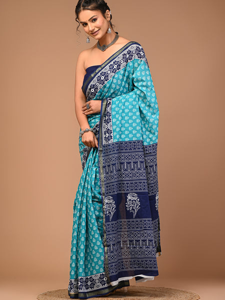 Lovwear Aqua Blue Discharge Floral Cotton MulMul Saree with Zari Border - Fabric Texture View